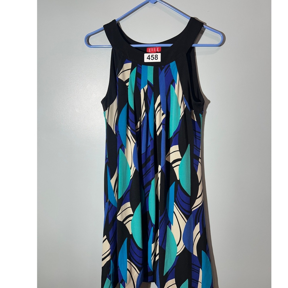 Elle Womens Blue Teal Geometric Abstract Pleated Halter Sleeveless Blouse Size M